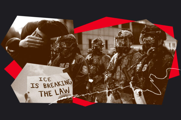 Collage of ICE agents in riot gear with overlaid protest sign that reads: "ICE is breaking the law"