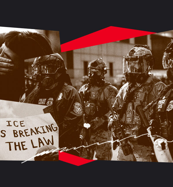 Collage of ICE agents in riot gear with overlaid protest sign that reads: "ICE is breaking the law"