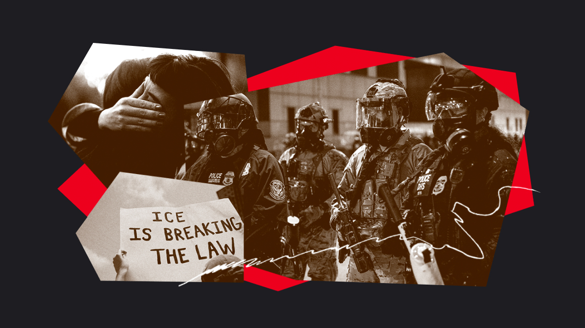 Collage of ICE agents in riot gear with overlaid protest sign that reads: "ICE is breaking the law"