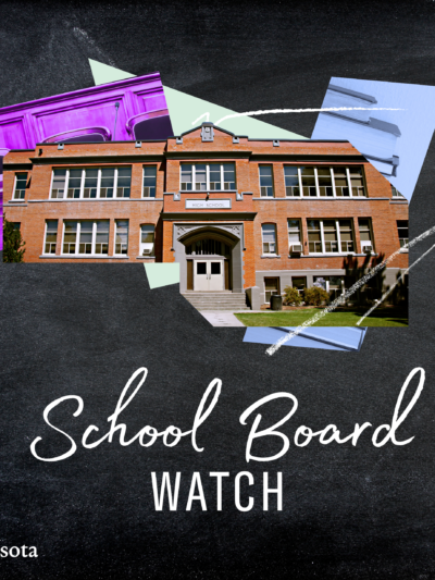 Picture of a school with the words "School Board Watch" underneath