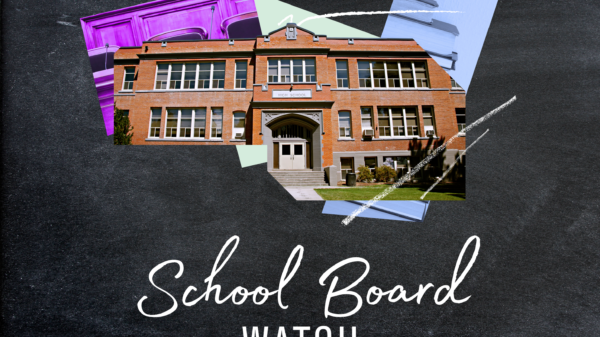 Picture of a school with the words "School Board Watch" underneath