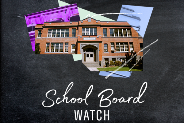 Picture of a school with the words "School Board Watch" underneath