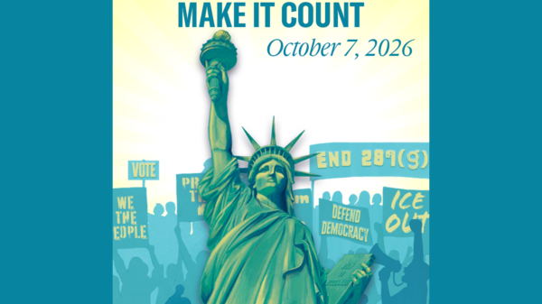 Evening of Dissent: Make It Count on October 7, 2026 Foreground image of the statue of liberty surrounded by silhouettes holding up protest signs that read "ICE OUT", "END 287(G)", "VOTE", "WE THE PEOPLE", and "DEFEND DEMOCRACY"