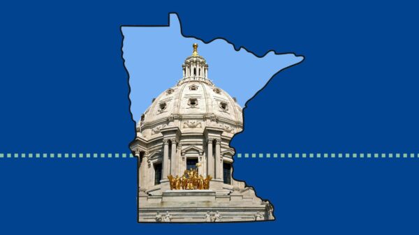 Image of the State Capitol inside the shape of the state of Minnesota. Minnesota is in front of a dark blue background.