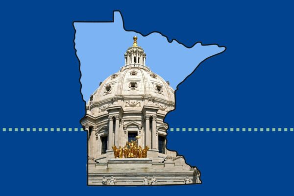 Image of the State Capitol inside the shape of the state of Minnesota. Minnesota is in front of a dark blue background.