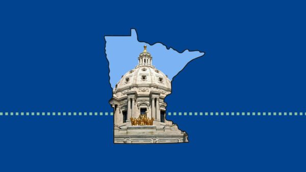 Shape of Minnesota with Capitol in the center and a dark blue background.