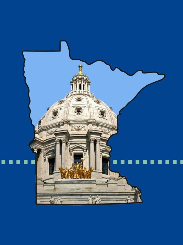 Shape of Minnesota with Capitol in the center and a dark blue background.