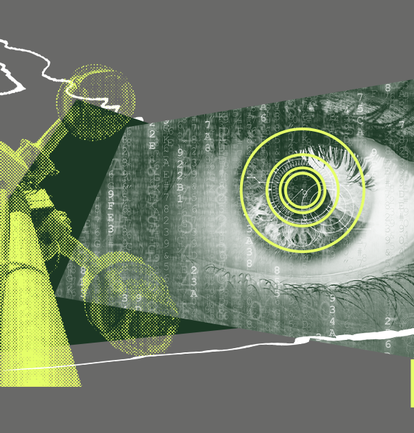 Collage in green and grey hues that includes an eyeball, surveillance cameras, and organic shapes.