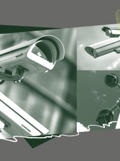 Graphic showing multiple security cameras in grey and green hues.