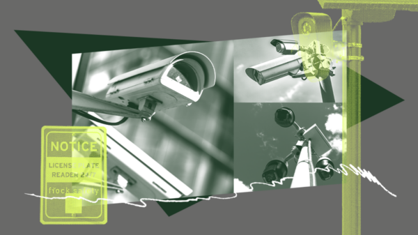 Graphic showing multiple security cameras in grey and green hues.