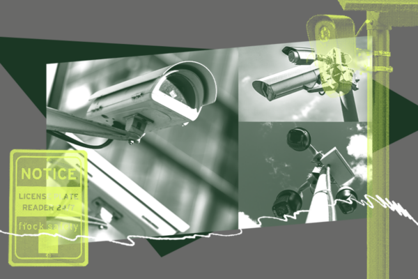 Graphic showing multiple security cameras in grey and green hues.