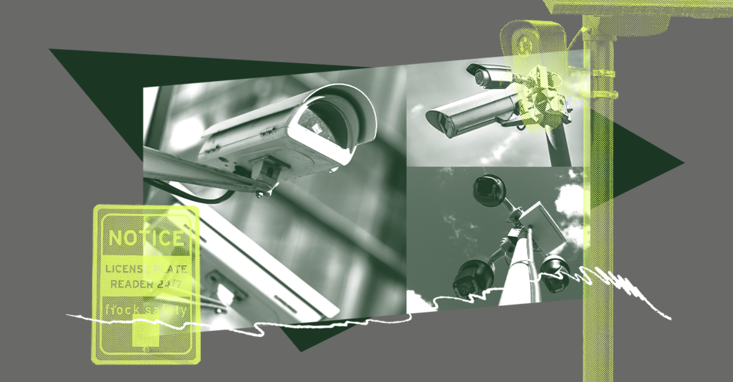 Graphic showing multiple security cameras in grey and green hues.