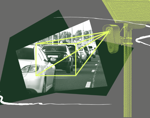 A collage of dark green shapes, a black and white photo of cars, and a neon green automatic license plate reader.