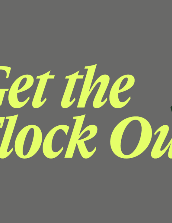 Grey background with a grey surveillance camera and lime green text that says "Get the Flock Out."