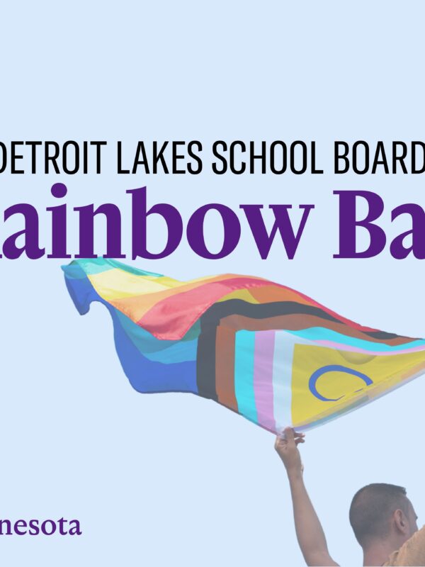 Image of person carrying rainbow flag against a light blue background. Text over the image says, "Detroit Lakes School Board Rainbow Ban."