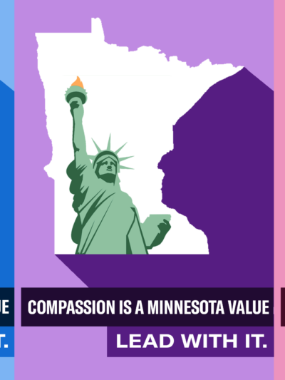 Three panel graphic with the statue of liberty laid over the shape of the state of Minnesota in blue, purple, and pink. Each section reads: "Dissent is a Minnesota Value. Lead with it."