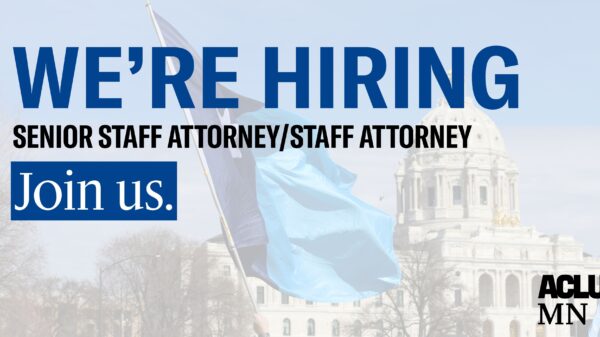 Blue and black text that says, "we're hiring, senior staff attorney/staff attorney, join us."