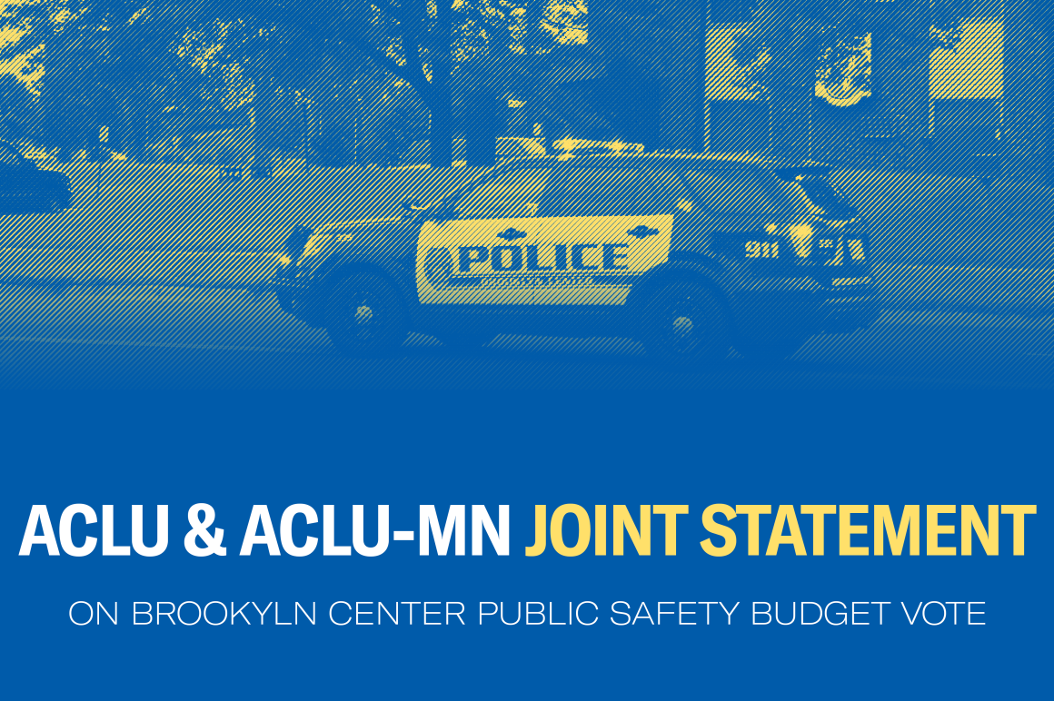 Blue and yellow filtered photo of police card with text reading "ACLU-MN & ACLU JOINT STATEMENT"