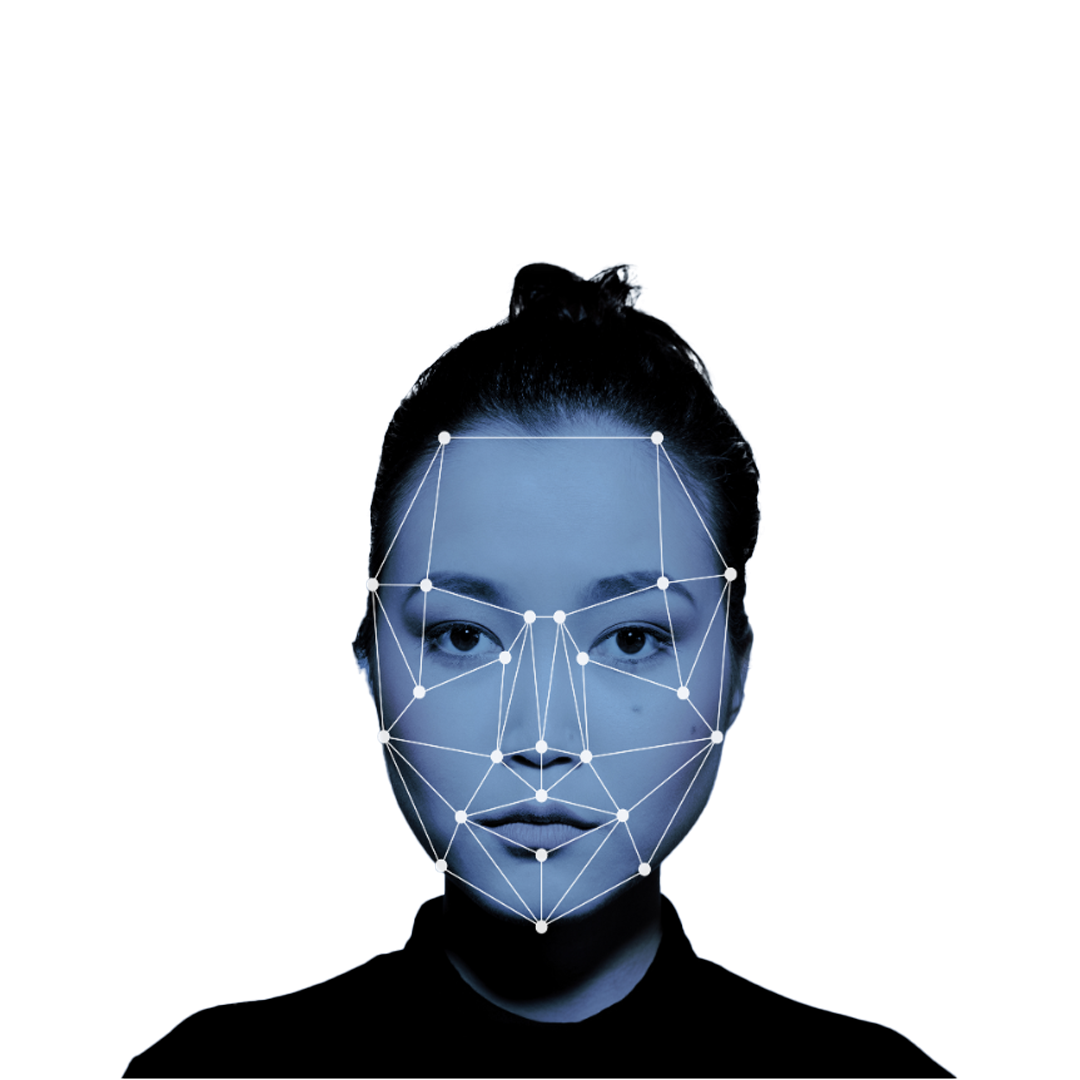 Photo with a blue filter of woman with hair in a top bun and black shirt. There are dots and lines on her face suggesting a facial scan.  