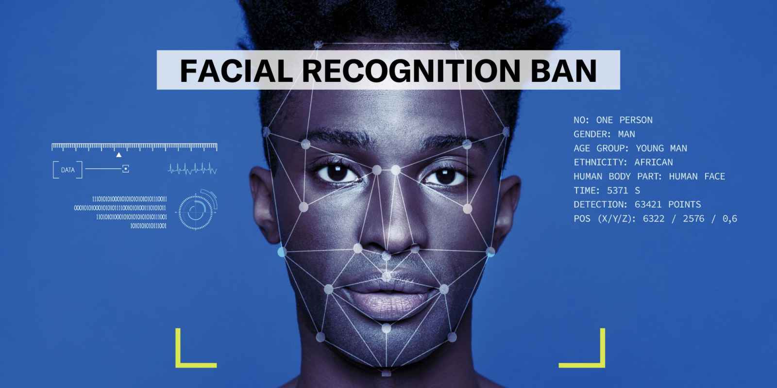 Photo of a face with dots and lines on it to suggest it is being analyzed. 