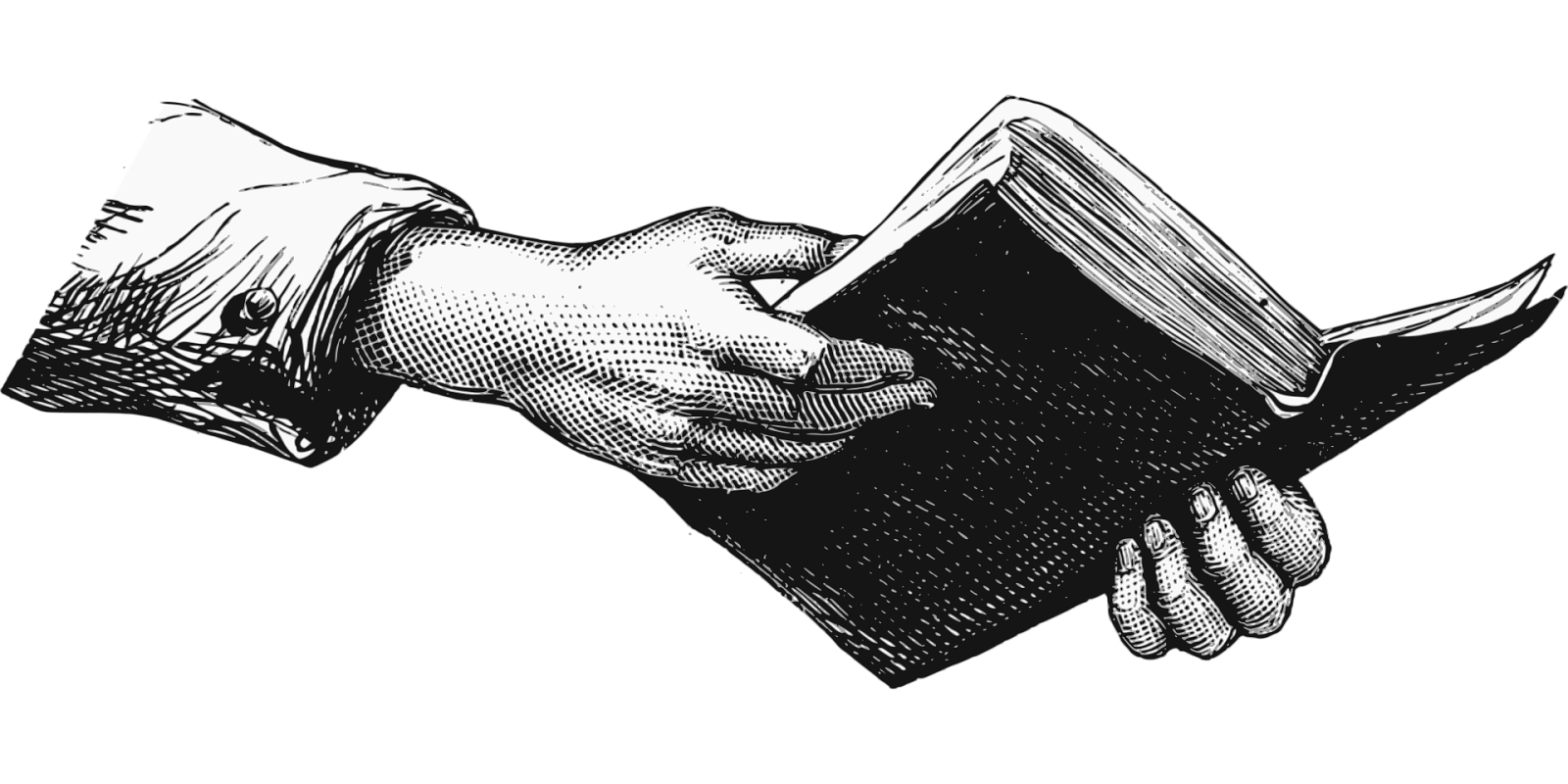 Black and white drawing of hands holding open a book