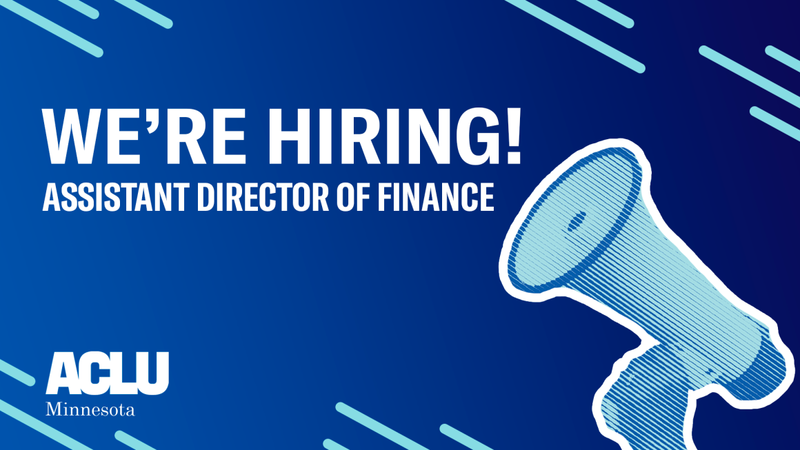Image of hand holding megaphone with text reading "We're hiring! Assistant Director of Finance!"