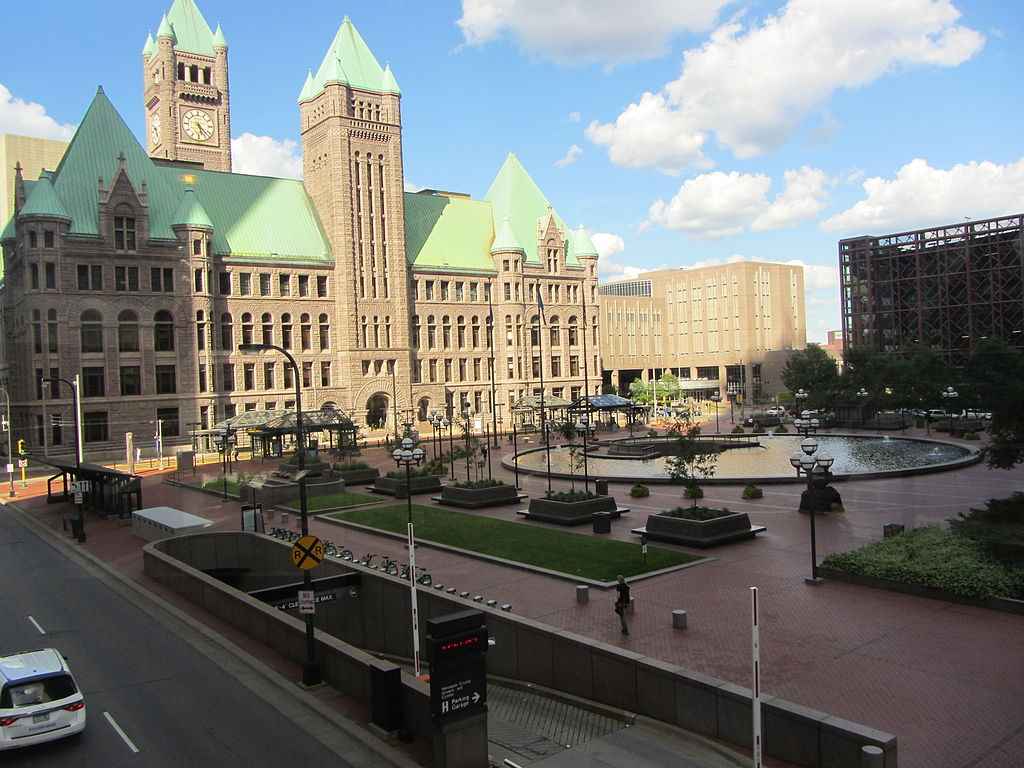 Minneapolis City Hall and the square in front of the building.