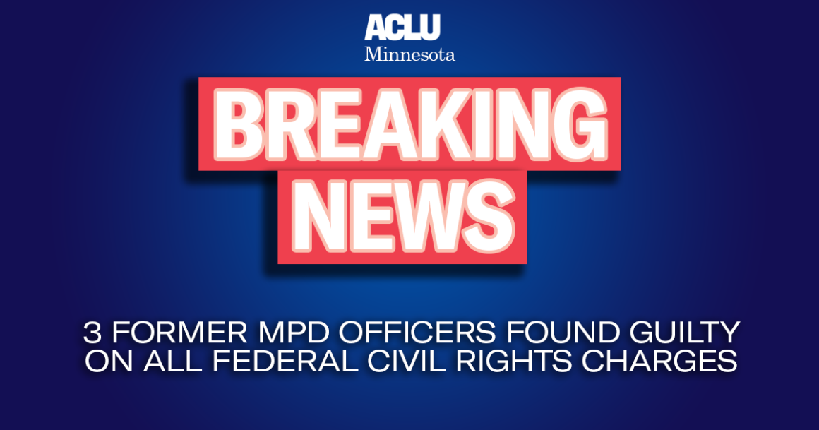 Blue background with red and white text reading "Breaking News: 3 former MPD officers found guilty on all federal civil rights charges"