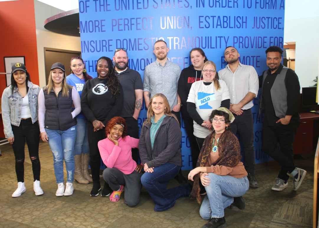 Smart Justice Fellowship members, ACLU-MN Organizers Paul Sullivan, and T.O.N.E. U.P. staff members pose for a photo. 