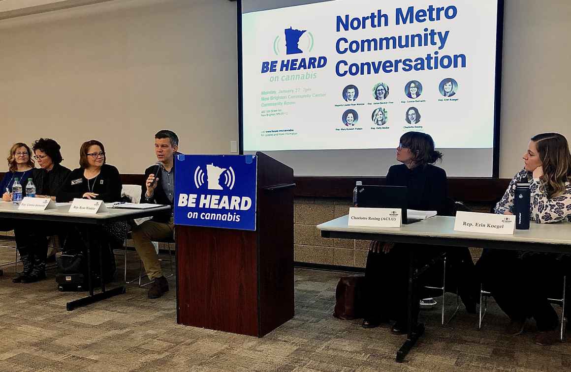 Panelists including Representative Ryan Winkler and ACLU policy analyst Charlotte Resing speak to open the Be Heard on Cannabis, North Metro event.