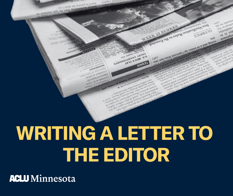 Photo of stacked newspapers on a dark blue background. Beneath the papers is yellow text that says "Writing a letter to the editor."