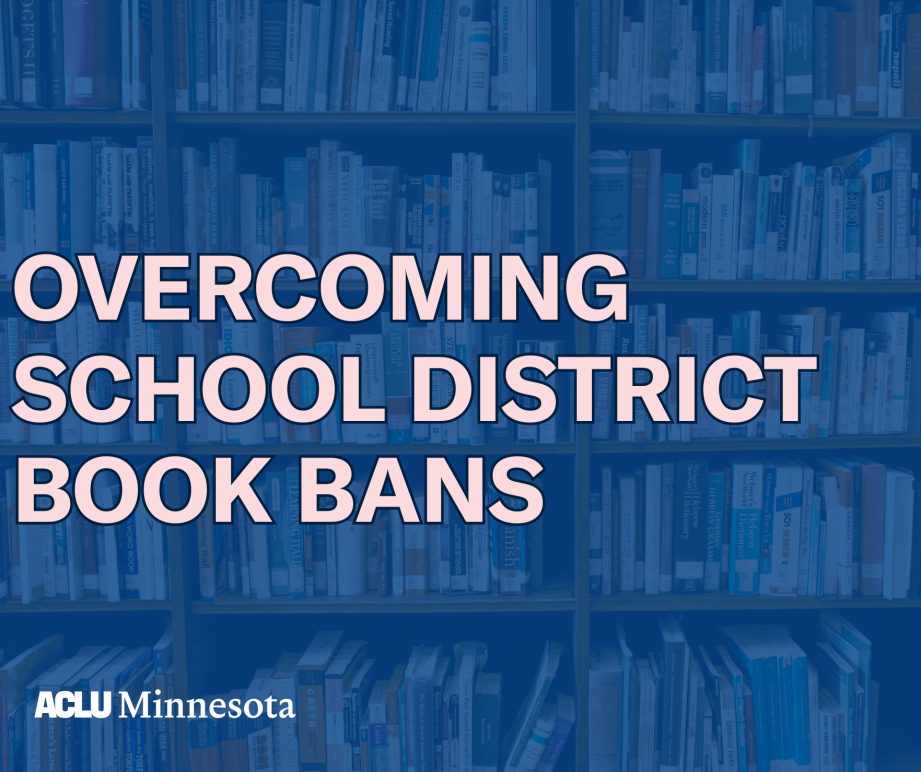 Photo of library shelves with white text that says "overcoming school district book bans"