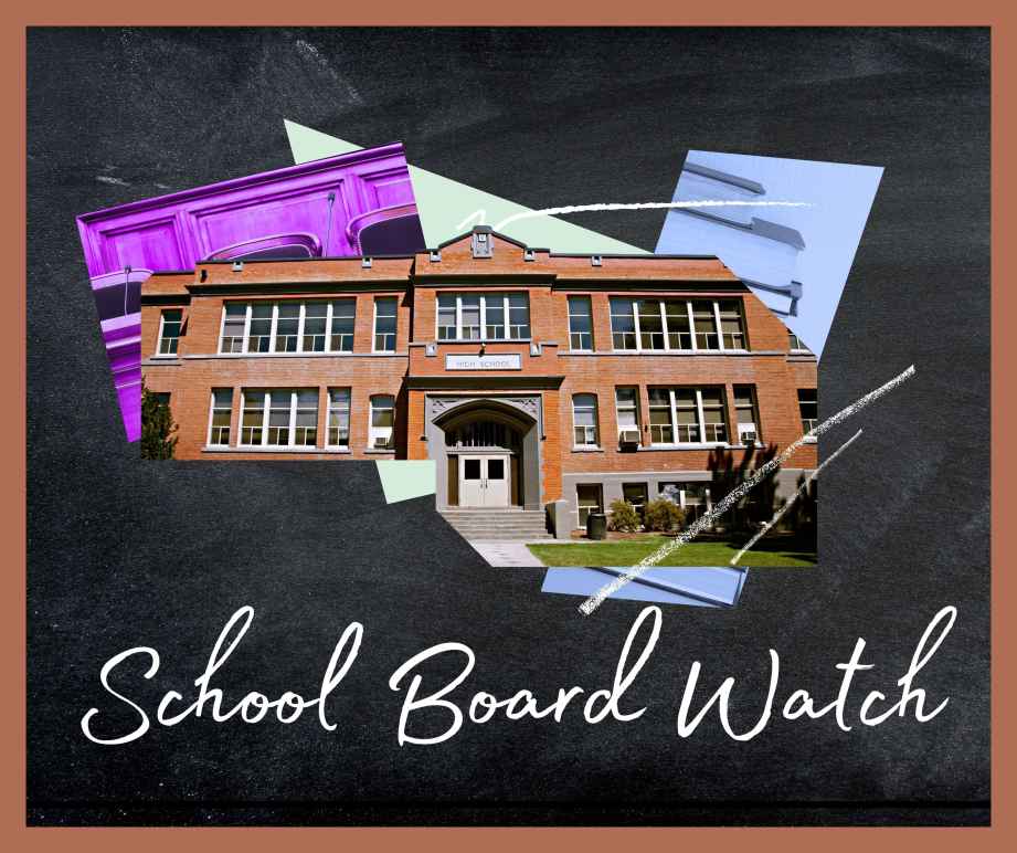 Collage of shapes and photos of a school, school board meeting room and books with a blackboard behind the collage. Below the collage is white text that says "School Board Watch."
