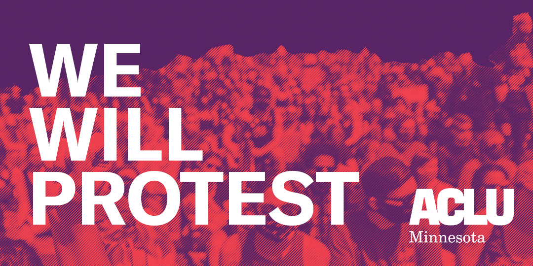 Large, marching crowd with a red image filter beneath purple field with text reading: "We will Protest"