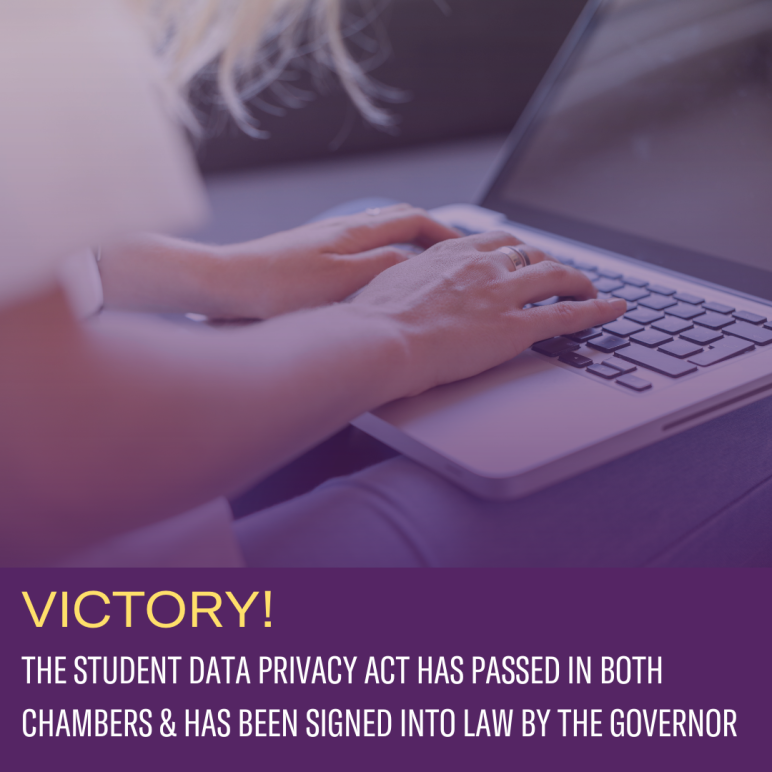 Image of girl on laptop with purple and orange text reading "Victory: Student Data Privacy Act passes in Minnesota legislature, signed by Governor"