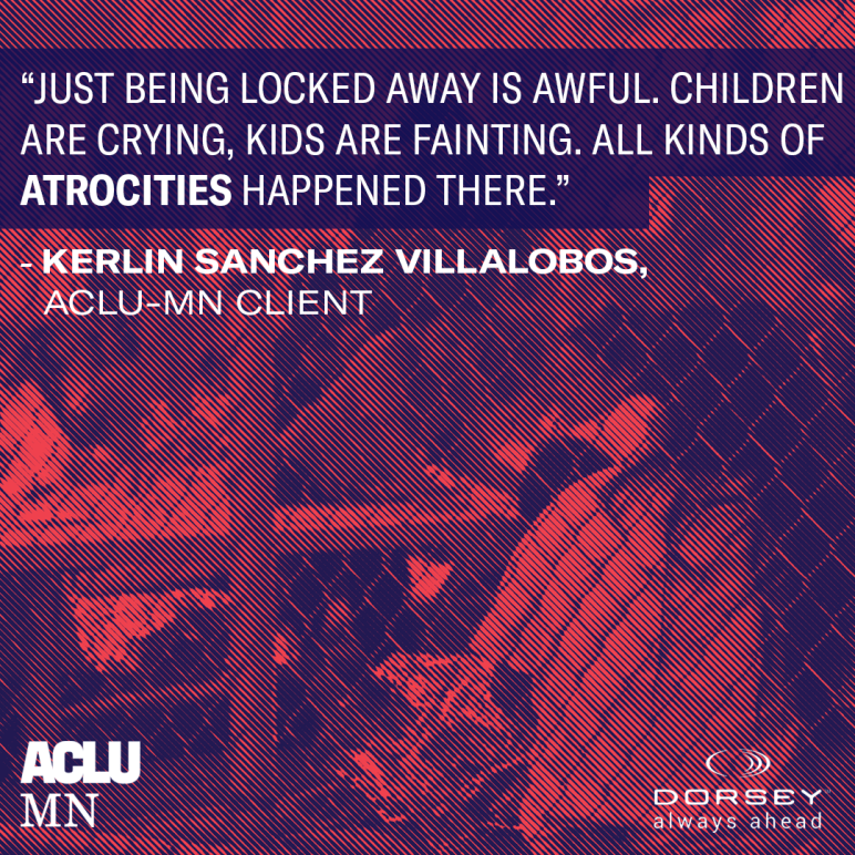 Graphic with quote from Kerlin stating "Just being locked away is awful. Children are crying, kids are fainting. All kinds of atrocities happened there" overlayed an image of a border camp detention center.