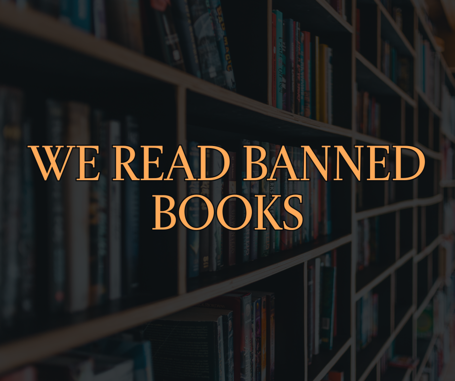 Light orange text that says "we read banned books." The background is a library shelf with books. 