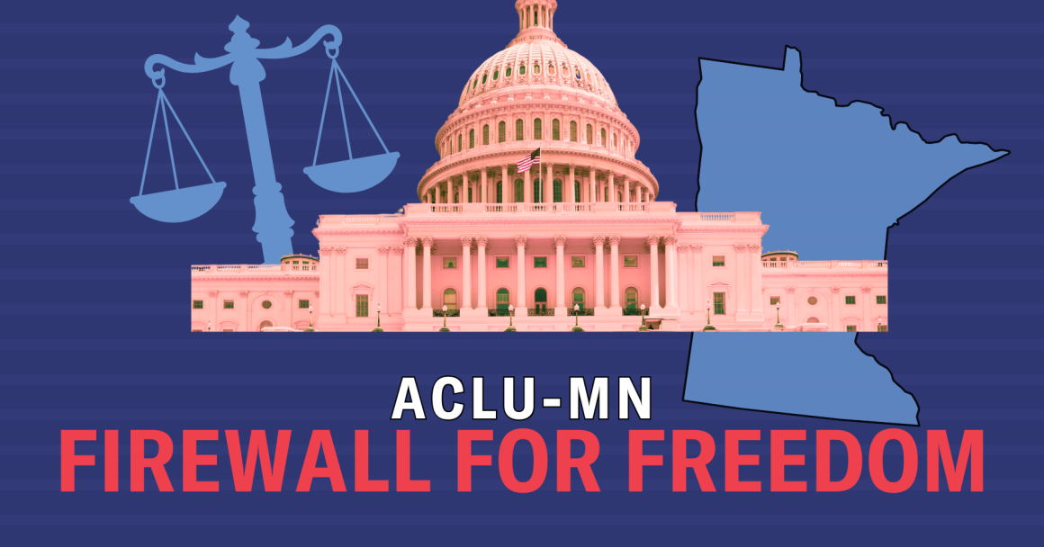 Blue text on a purple background says, "ACLU-MN Firewall for Freedom."
