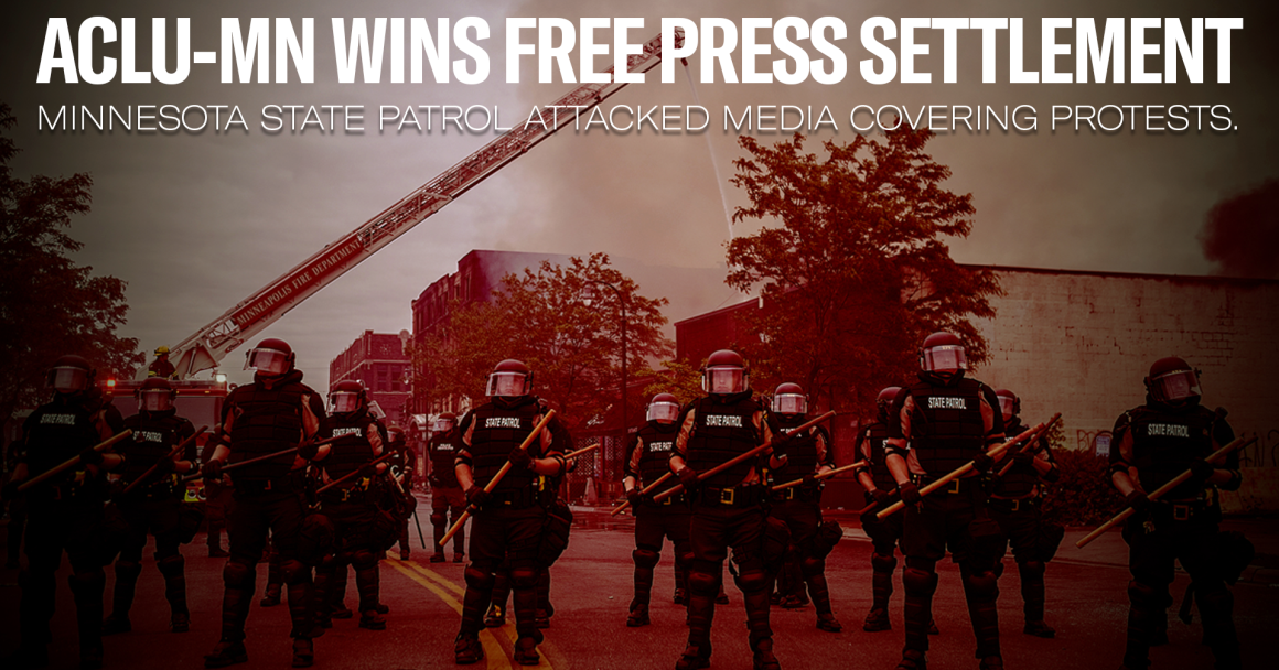 Image of law enforcement in riot gear with text reading "ACLU-MN wins Free-press settlement"