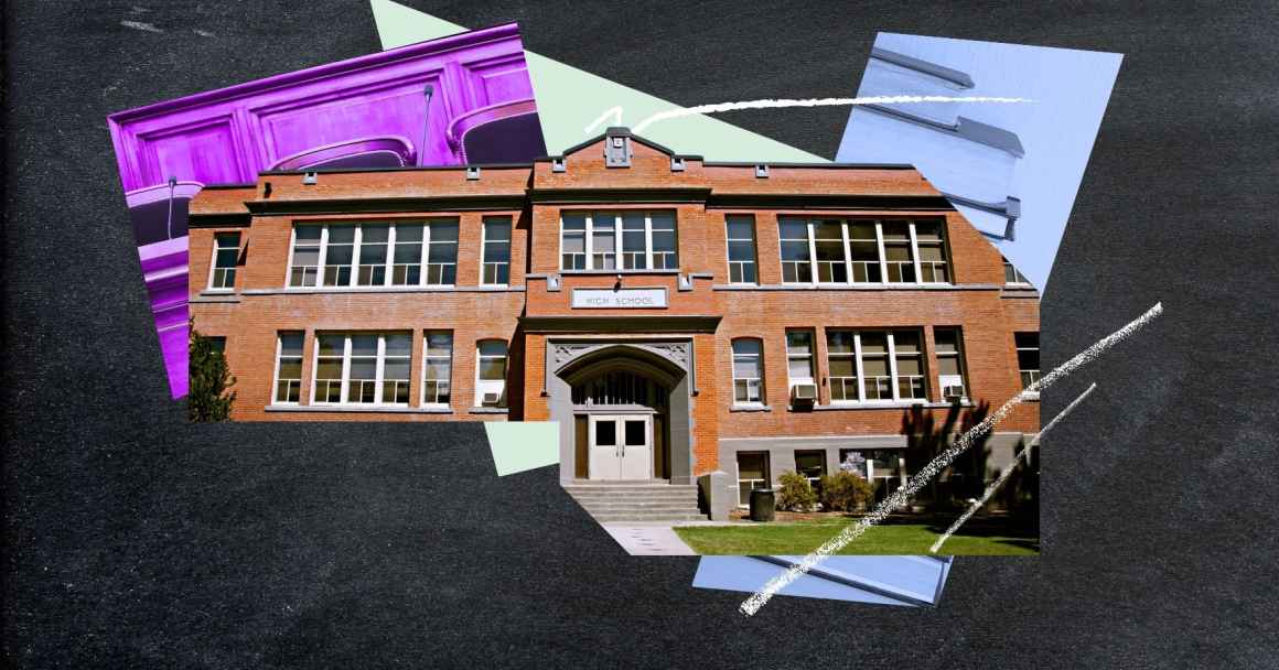 Collage of shapes and photos of a school, school board meeting room and books with a blackboard behind the collage. Below the collage is white text that says "School Board Watch."
