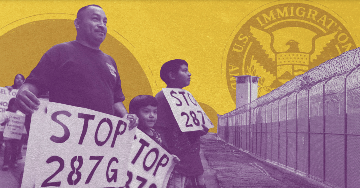 Purple and yellow photo of people holding signs that say "stop 287g agreements."