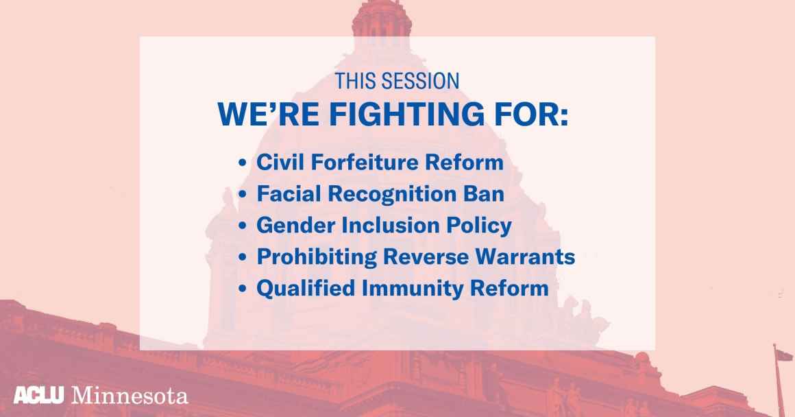 Red and Pink graphic of Minnesota Capitol with blue text that says, "this session we're fighting for: Civil Forfeiture Reform, Facial Recognition Ban, Gender Inclusion Policy, Prohibiting Reverse Warrants, Qualified Immunity Reform"