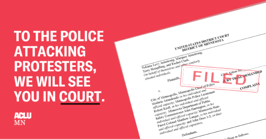 The top page of the filed lawsuit, with a red FILED stamp layed over. Text reads: To the police attacking protesters, we will see you in court.