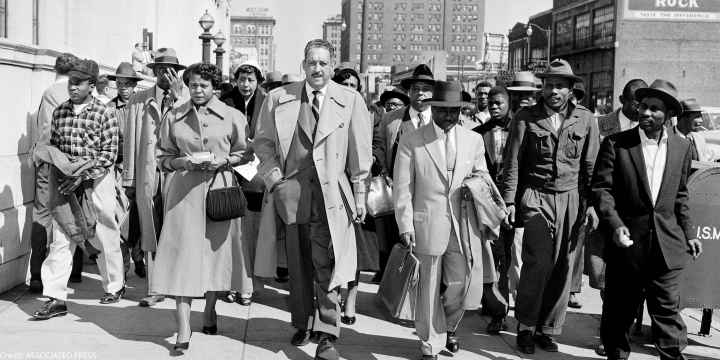 Autherine Lucy, left, front, 26-year-old student at the University of Alabama, arrives at U.S. District Court for the hearing of her petition for an order requiring the school to re-admit her to classes in Birmingham, Ala., Feb. 29, 1956. With Lucy are...