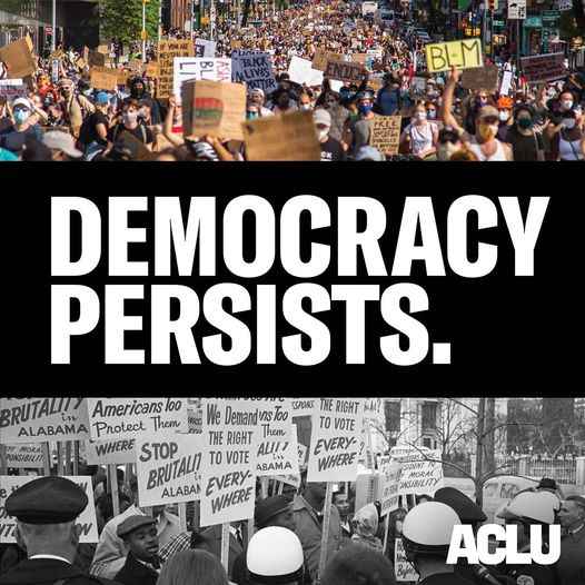 The bottom of image is a black and white photo of people protesting. The top of the image is a color photo of people protesting. The middle of the image says, "democracy persists."