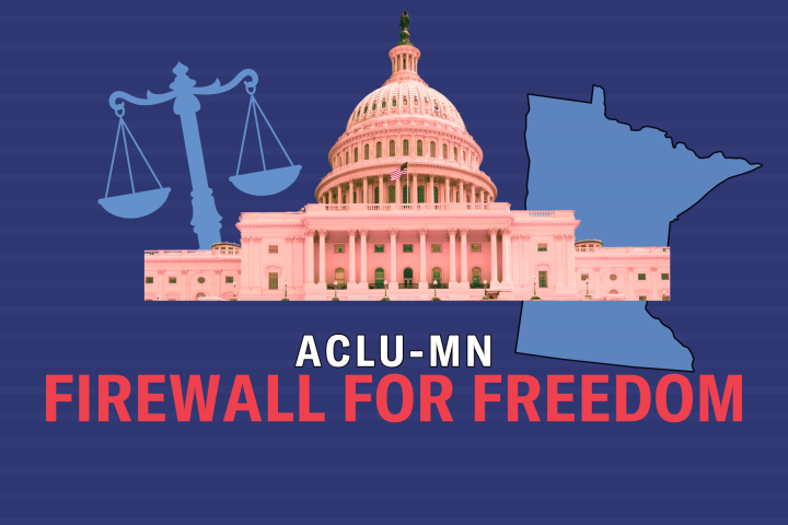 White and red text on a dark blue background that says "ACLU-MN Firewall for Freedom"