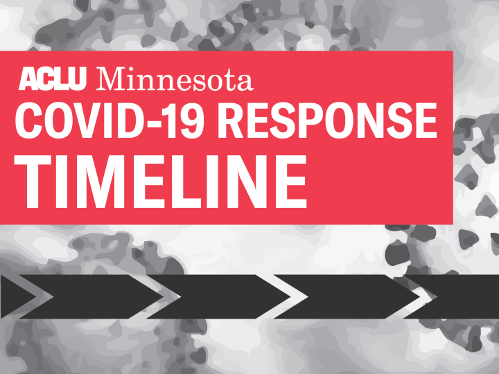 Black and white image of coronavirus in the background. Red text box with white lettering reads: COVID-19 Response Timeline. Dark gray timeline icon displayed below.