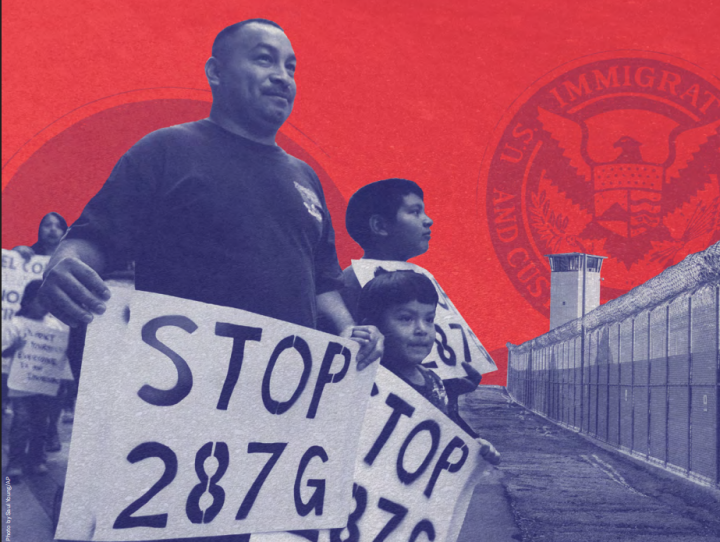 Man and two young boys carry signs that say "Stop 287(g)."