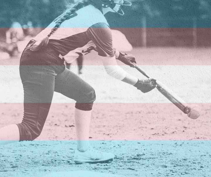 Black and white photo of woman bunting a softball. Over the photo are blue, pink and white stripes