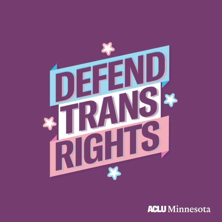 Purple background with a blue, white and pink banner that says "defend trans rights."